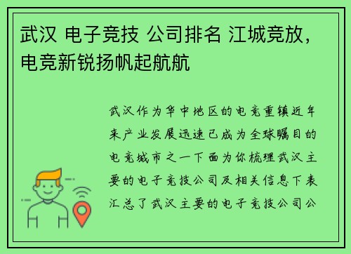 武汉 电子竞技 公司排名 江城竞放，电竞新锐扬帆起航航